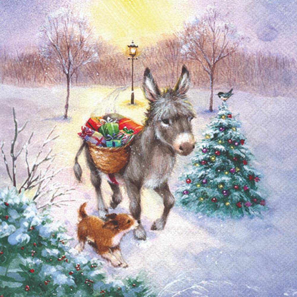 Donkey with a basket of gifts and a dog in a snowy landscape with a Christmas tree.