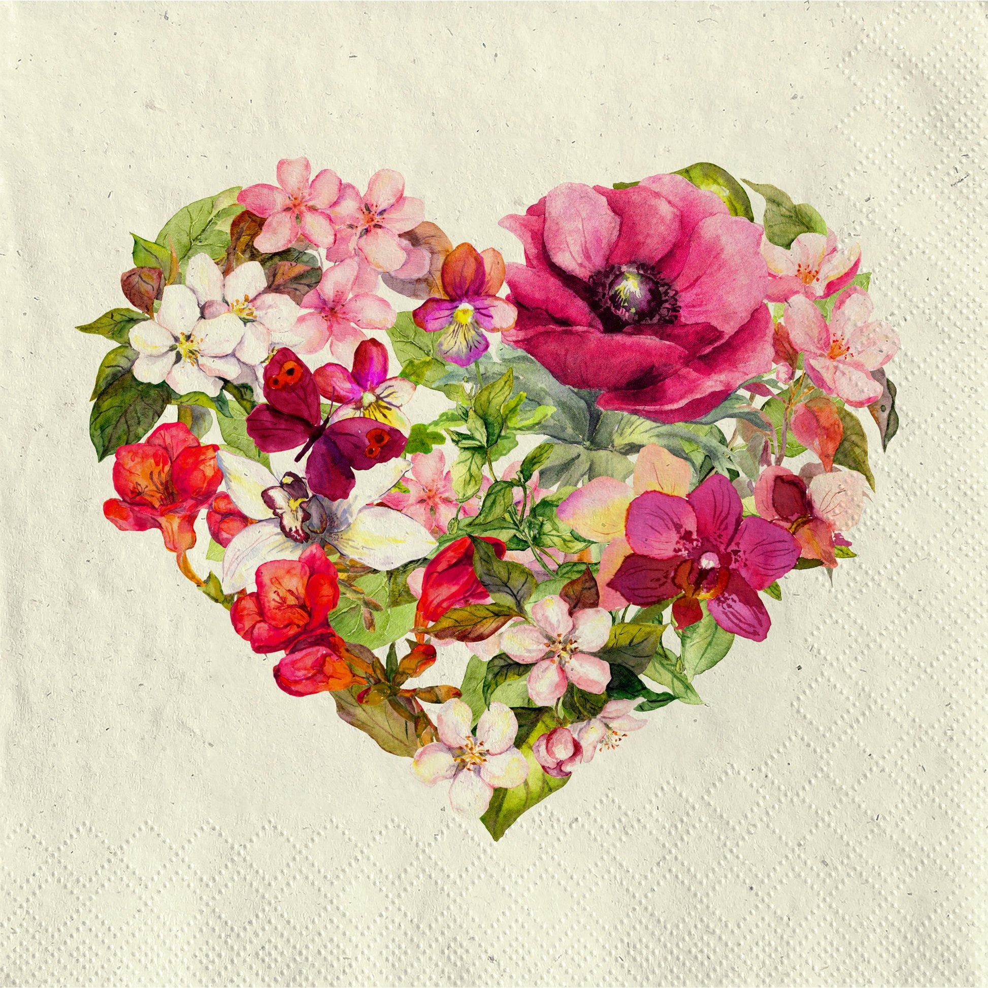 Heart-shaped arrangement of colourful flowers on a textured beige background