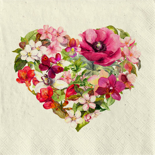 Heart-shaped arrangement of colourful flowers on a textured beige background