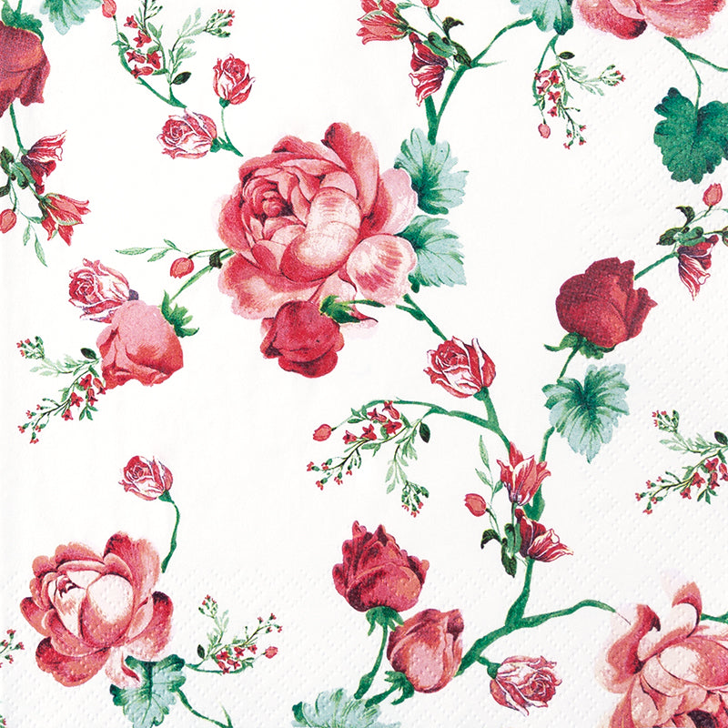 Floral pattern with pink and red roses on a white background