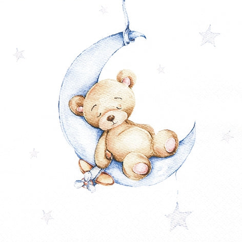 Illustration of a teddy bear sitting on a crescent moon with stars around, on a white background.