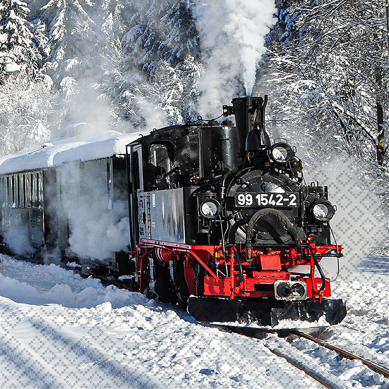 Steam locomotive on a snowy track with trees in the background