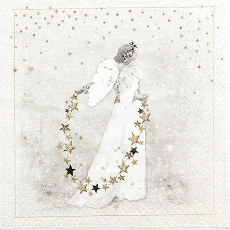 White angel figure with star decorations on a textured white background