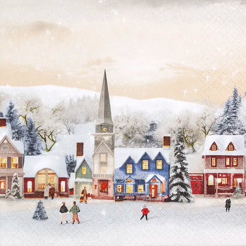 Winter village scene with snow-covered houses and people walking, featuring a church steeple.