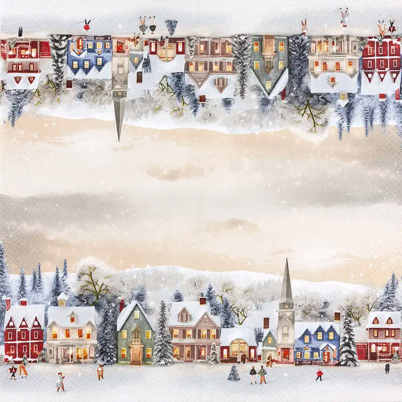 Winter village scene with snow-covered houses and trees, featuring a festive border.