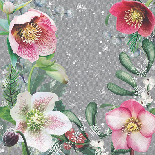Floral pattern with pink and white flowers on a gray background