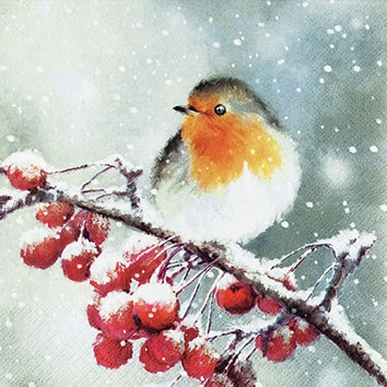 Bird perched on a branch with red berries in a snowy scene