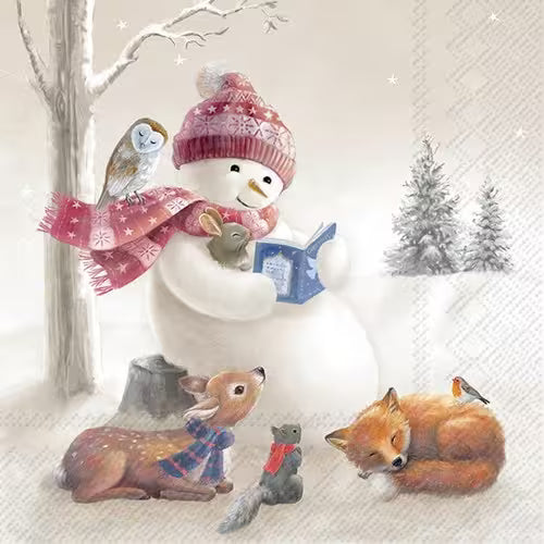 Snowman reading a book to animals in a snowy scene