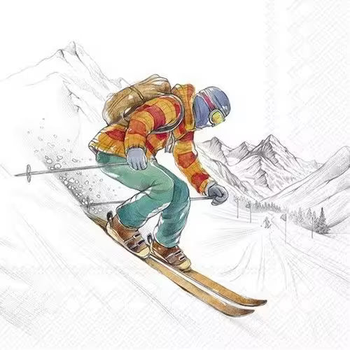 Illustration of a skier in action with mountains in the background