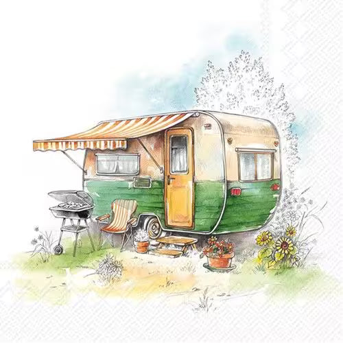 Illustration of a vintage camper with an awning, grill, and chairs in a natural setting.