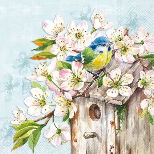 Birdhouse with a bird perched on a branch of cherry blossoms against a light blue background