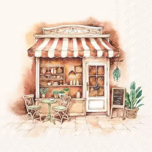 Illustration of a quaint cafe with a striped awning, tables, chairs, and plants.