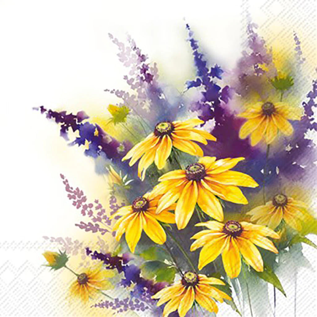 Artistic depiction of yellow flowers and purple foliage on a white background