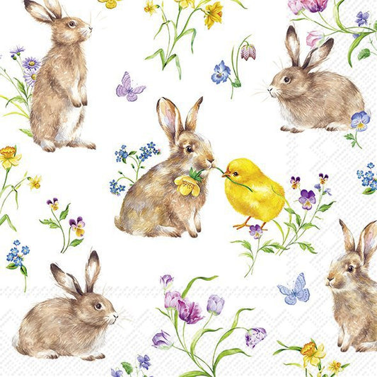 Pattern of rabbits, a chick, and flowers on a white background