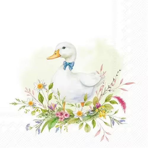 White duck with a blue bow tie surrounded by flowers on a light background