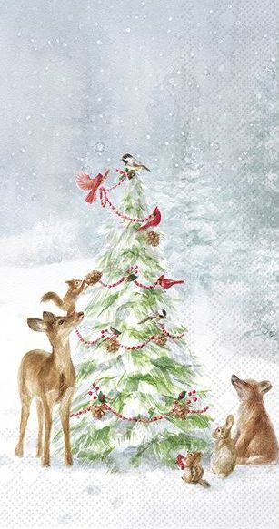 Animals gathered around a decorated Christmas tree in the snow.