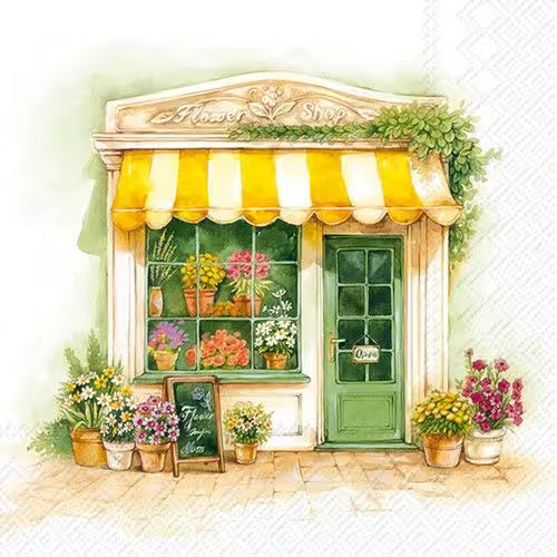 Illustration of a flower shop with a yellow awning and potted flowers.