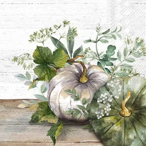 Decorative image of pumpkins and leaves on a wooden surface with a white background