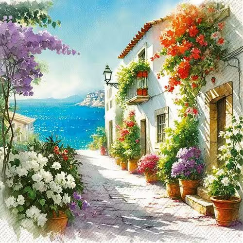 Decorative image of a Mediterranean street with flowers and sea view