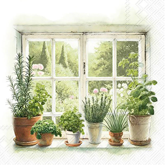 Potted plants on a windowsill with a view of greenery outside.