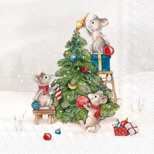 Three mice decorating a Christmas tree with ornaments on a beige background