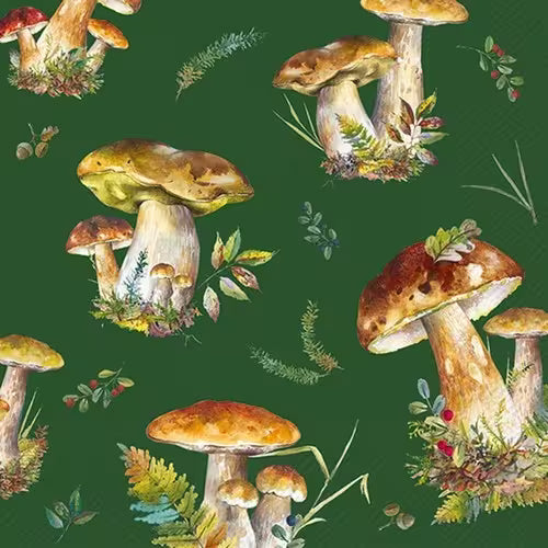 Pattern of mushrooms on a green background