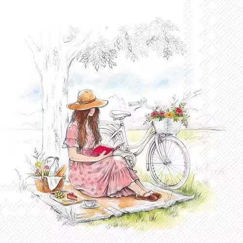 Illustration of a woman in a pink dress sitting on a blanket with a bicycle and picnic basket in a park.