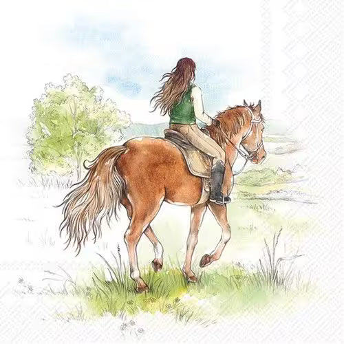 Illustration of a woman riding a horse in a natural setting