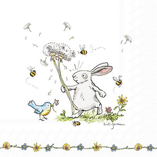 Illustration of a rabbit holding a dandelion with bees and flowers on a white background