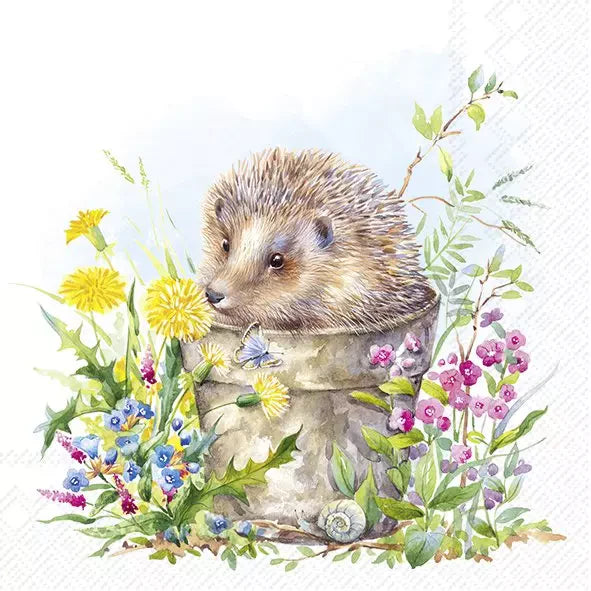 Hedgehog in a flowerpot surrounded by colorful flowers and plants on a white background