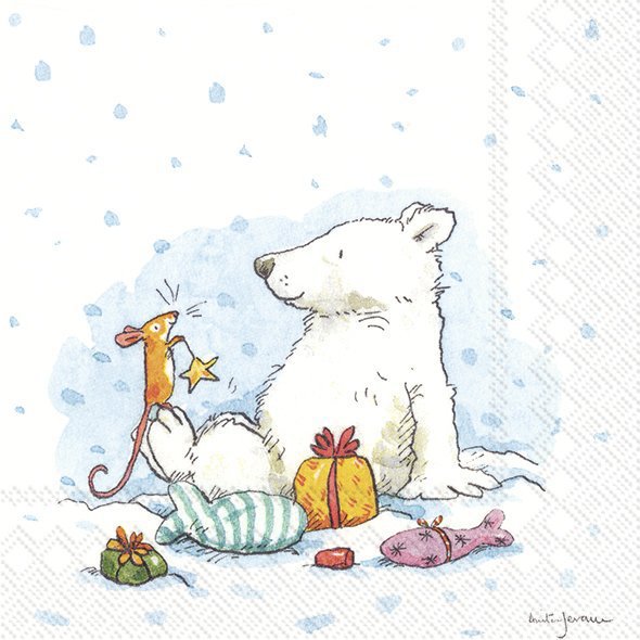 Illustration of a polar bear and mouse with presents on a snowy background