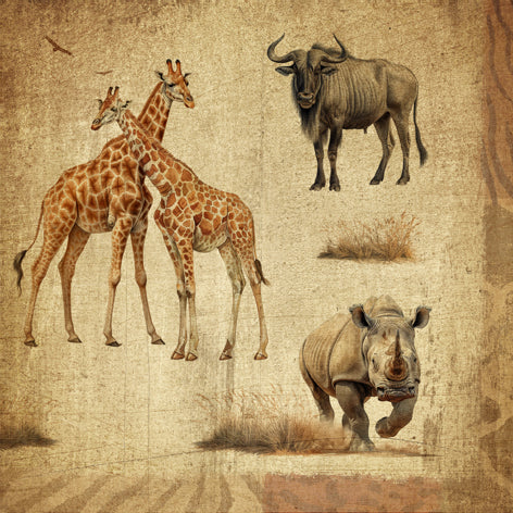Illustration of giraffes, a wildebeest, and a rhinoceros on a textured brown background.