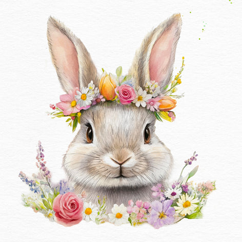 Illustration of a rabbit with a floral crown on a white background
