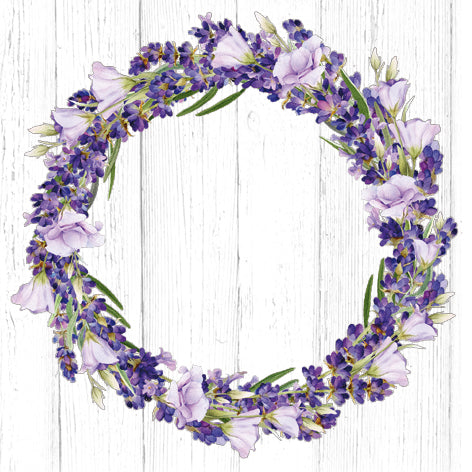 Floral wreath with purple and white flowers on a white wooden background