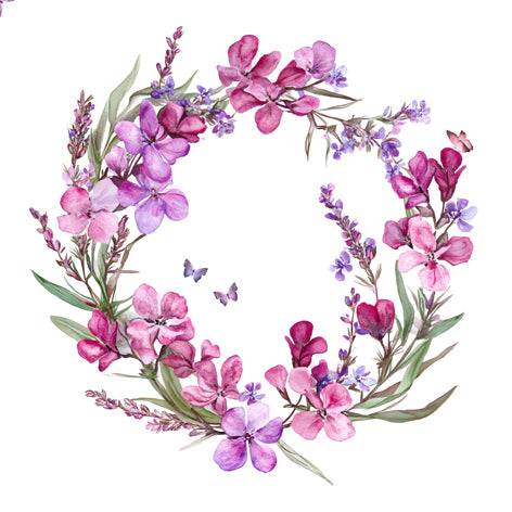 Floral wreath with pink and purple flowers on a white background