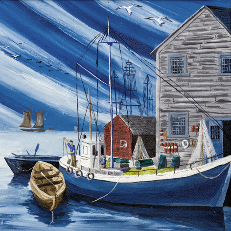 Harbour scene with boats, buildings, and seagulls.
