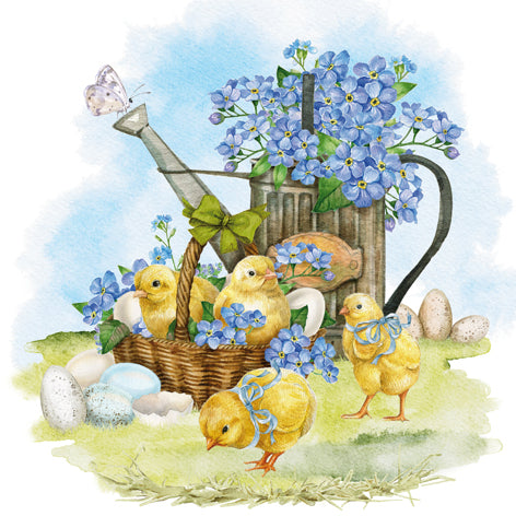 Easter scene with chicks, eggs, a watering can, and blue flowers on a white background.