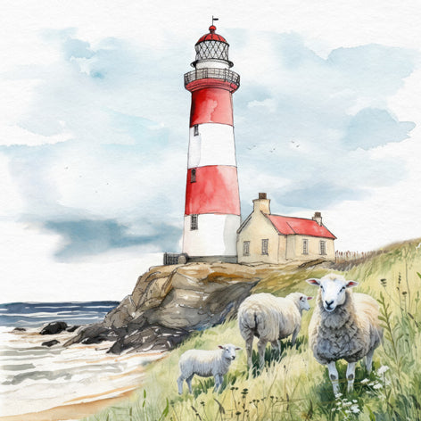 Red and white lighthouse with sheep on a coastal landscape