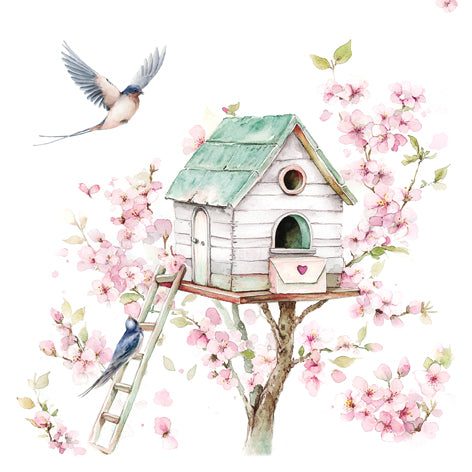 Illustration of a birdhouse with cherry blossoms and birds on a white background