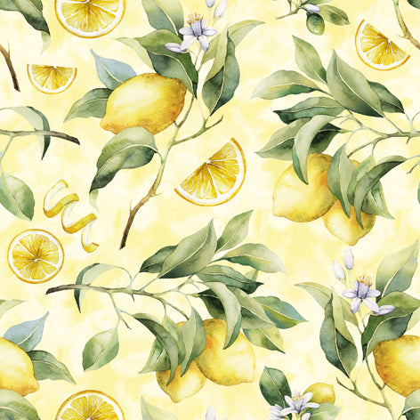 Pattern of lemons and green leaves on a yellow background