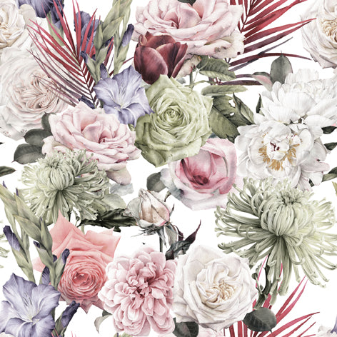 Colorful floral pattern with various flowers on a white background