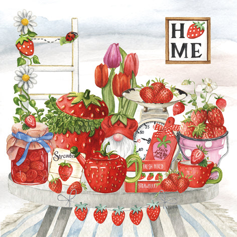 Gnome with strawberry-themed items including jars, a teapot, and a 'Home' sign.