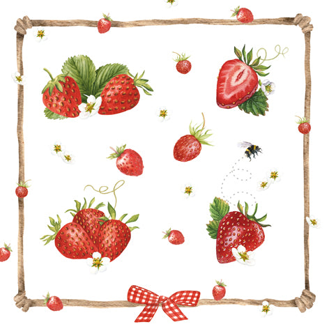 Pattern of strawberries and bumblebee with a wooden frame and red checkered bow on a white background