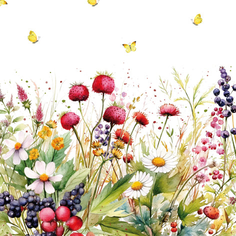 Colorful illustration of various flowers and berries on a white background