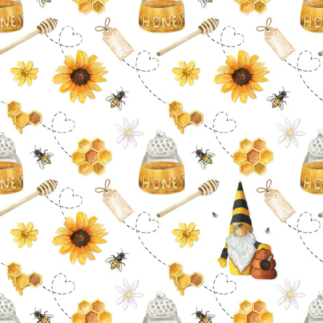 Pattern with honey jars, bees, sunflowers, and a gnome on a white background