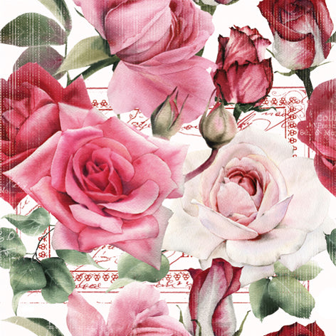 Pattern of pink, red, and white roses with green leaves on a decorative background.