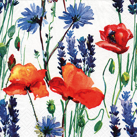 Napkin with red and blue floral design on a white background