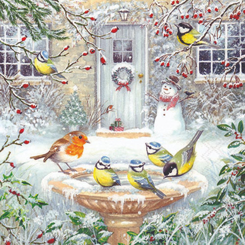 Winter scene with birds around a birdbath, snowman, and decorated door.