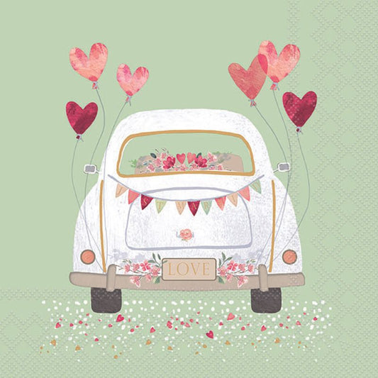 Illustration of a white car with floral decorations and heart balloons on a light green background