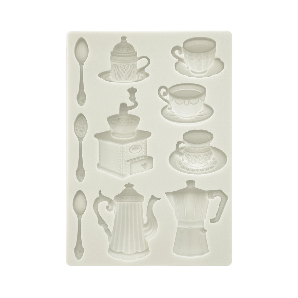 An off-white silicone mold featuring embossed designs of cups, spoons, a coffee grinder, a coffee pot, and a moka pot.